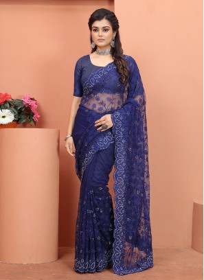 Vibrant Resham Blue Trendy Saree