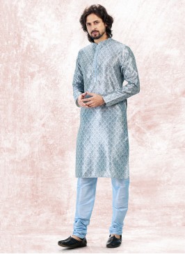 Vibrant Sky Blue Jequard Silk Festive Wear Mens Kurta With Bottom