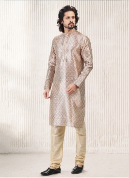 Vibrant Beige Jequard Silk Festive Wear Mens Kurta