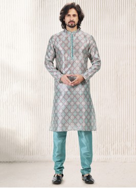 Vibrant Cream Firozi Blue Jequard Silk Festive Wear Mens Kurta With Bottom