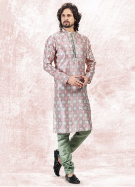 Vibrant Cream Green Jequard Silk Festive Wear Mens Kurta With Bottom