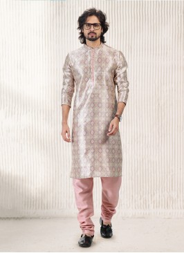 Vibrant Cream & Peach Colour Jequard Silk Festive Wear Mens Kurta With Bottom