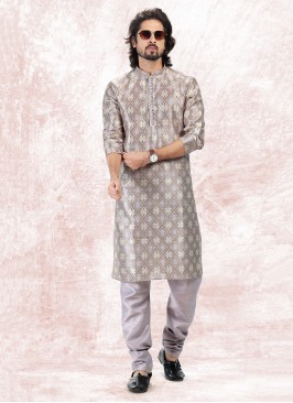 Vibrant Cream & Purple Colour Jequard Silk Festive Wear Mens Kurta With Bottom