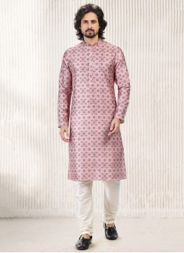 Vibrant Dark Pink Jequard Silk Festive Wear Mens Kurta With Bottom