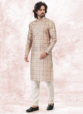 Vibrant Yellow Jequard Silk Festive Wear Mens Kurta With Bottom