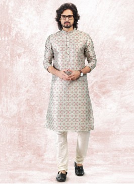 Vibrant Pista Green Jequard Silk Festive Wear Mens Kurta With Bottom