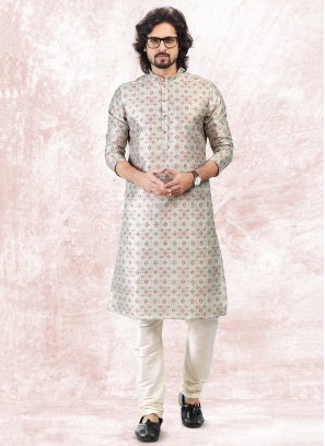 Vibrant Pista Green Jequard Silk Festive Wear Mens Kurta With Bottom