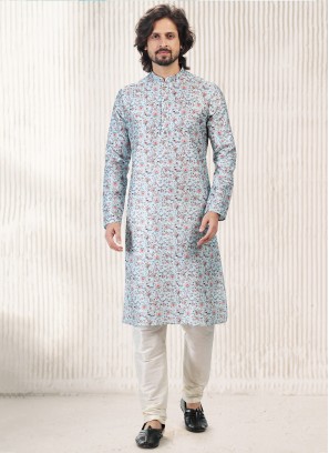 Vibrant Sky Blue Jequard Silk Festive Wear Mens Kurta With Bottom