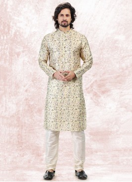 Vibrant Yellow Jequard Silk Festive Wear Mens Kurt