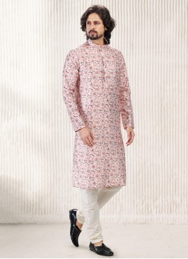 Vibrant Peach Jequard Silk Festive Wear Mens Kurta