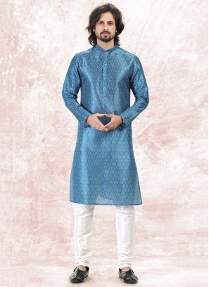Vibrant Blue Jequard Silk Festive Wear Mens Kurta With Bottom