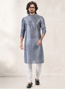 Vibrant Dark Grey Jequard Silk Festive Wear Mens Kurta With Bottom