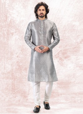 Vibrant Grey Jequard Silk Festive Wear Mens Kurta 