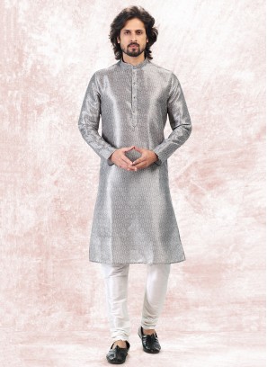 Vibrant Grey Jequard Silk Festive Wear Mens Kurta With Bottom