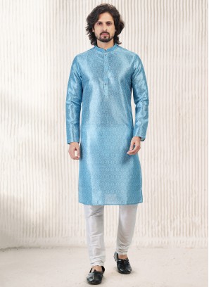 Vibrant Blue Jequard Silk Festive Wear Mens Kurta With Bottom