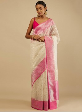 Vibrant Woven White Art Banarasi Silk Classic Saree
