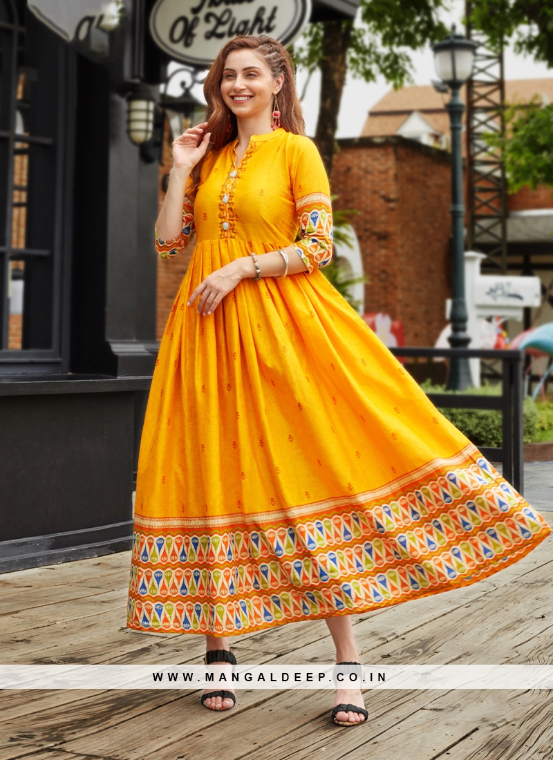 vibrant yellow printed designer kurti 65115