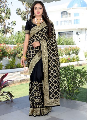 Vichitra Silk Black Traditional Designer Saree