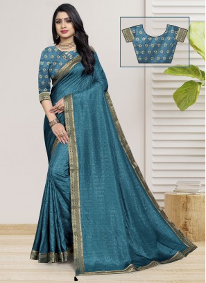 Vichitra Silk Contemporary Style Saree in Teal