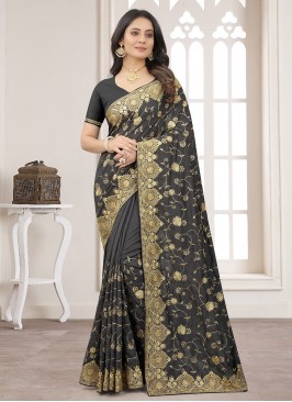 Vichitra Silk Embroidered Black Classic Saree