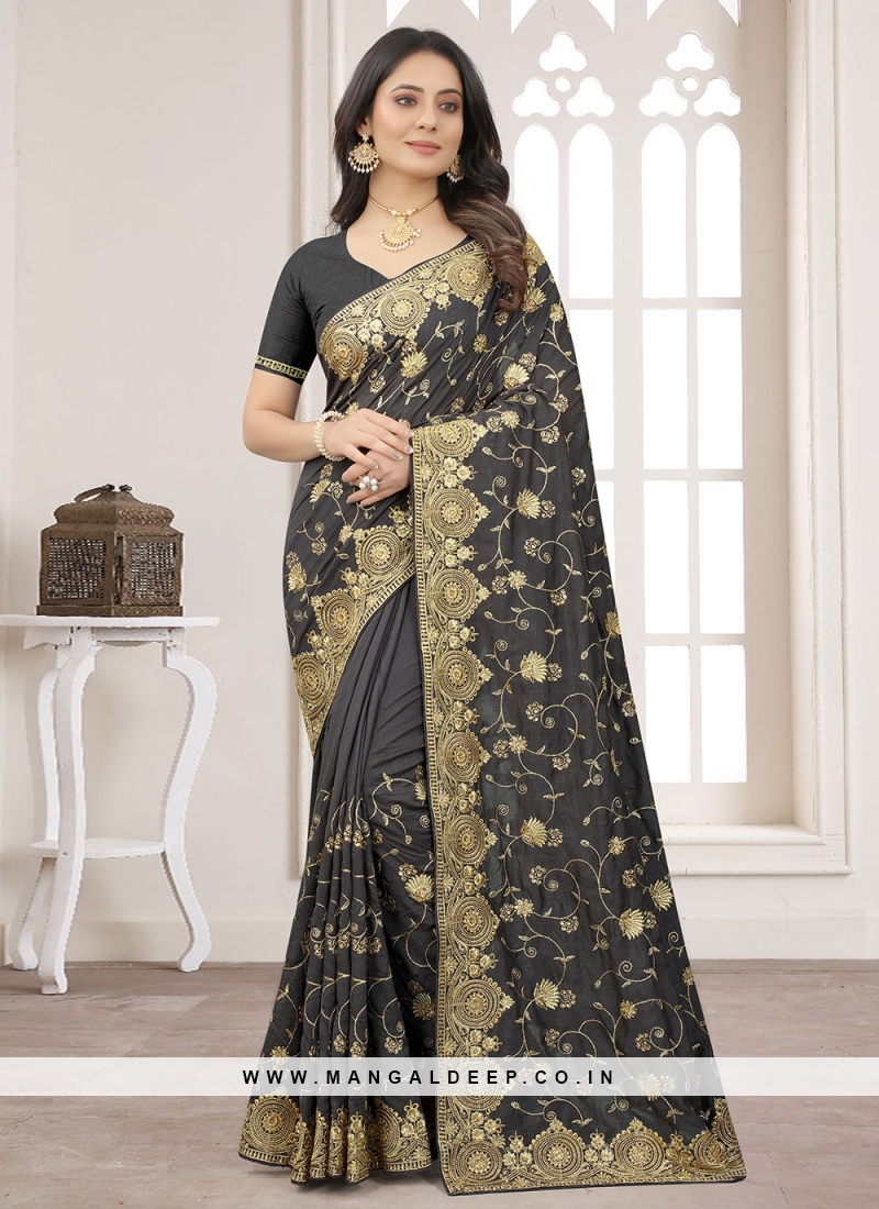 Vichitra Silk Embroidered Black Classic Saree