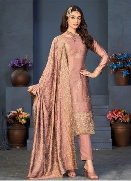 Vichitra Silk Embroidered Trendy Salwar Kameez in Peach