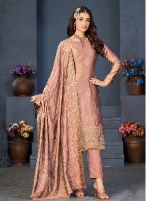 Vichitra Silk Embroidered Trendy Salwar Kameez in Peach