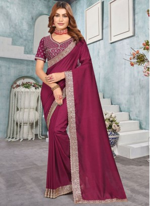 Vichitra Silk Embroidered Wine Contemporary Saree