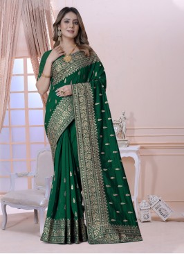 Vichitra Silk Green Embroidered Trendy Saree