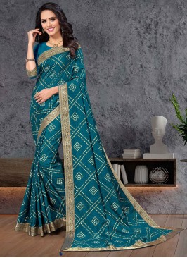 Vichitra Silk Patch Border Blue Traditional Saree