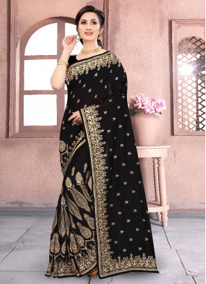 Vichitra Silk Patch Border Classic Saree in Black