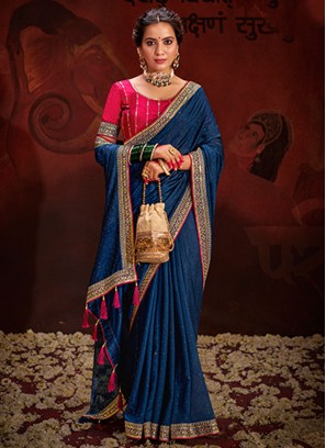 Vichitra Silk Sequins Trendy Saree in Blue