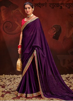 Vichitra Silk Swarovski Purple Trendy Saree
