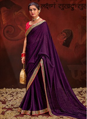 Vichitra Silk Swarovski Purple Trendy Saree