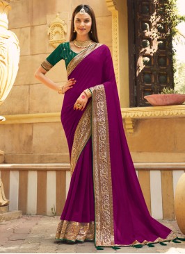 Vichitra Silk Violet Contemporary Saree