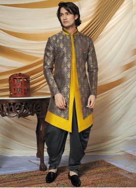 Vintage Grey And Yellow Indo western Set