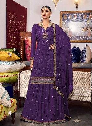Violet Color Georgette Embroidered Suit With Lehenga