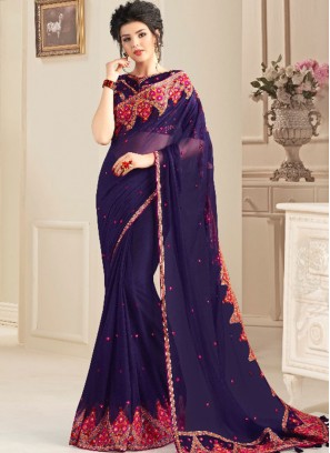 Violet Color Natural Fabric Wedding Wear Saree