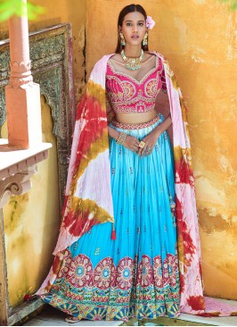 Viscose Digital Print Trendy Lehenga Choli in Aqua Blue