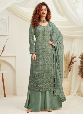 Viscose Embroidered Green Designer Palazzo Suit
