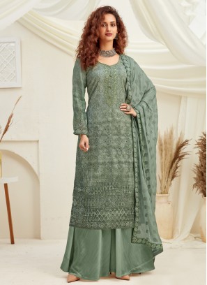 Viscose Embroidered Green Designer Palazzo Suit