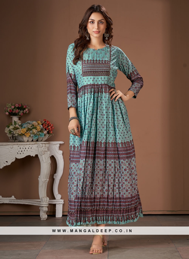 Embroidery Work Sky Blue Color Party Wear Kurti Set