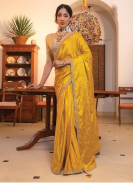 Viscose Mustard Embroidered Contemporary Saree