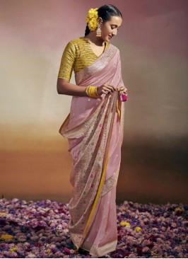 Viscose Pink Embroidered Classic Saree