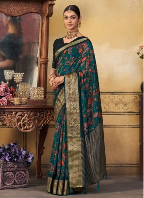 Viscose Printed Green Contemporary Style Saree
