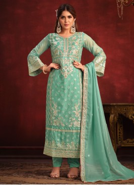 Viscose Straight Salwar Kameez in Sea Green