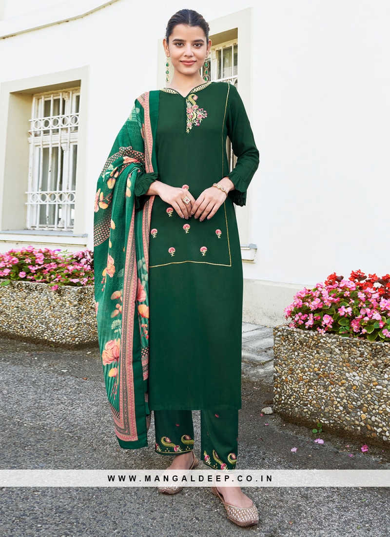 Trending Dark Green Color Silk Fabric Resham Work Pant Style Salwar Kameez