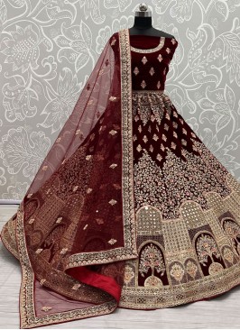 Vivacious Maroon Zari Velvet A Line Lehenga Choli