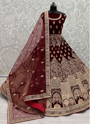Vivacious Maroon Zari Velvet A Line Lehenga Choli