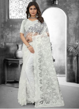Vivacious White Embroidered Saree